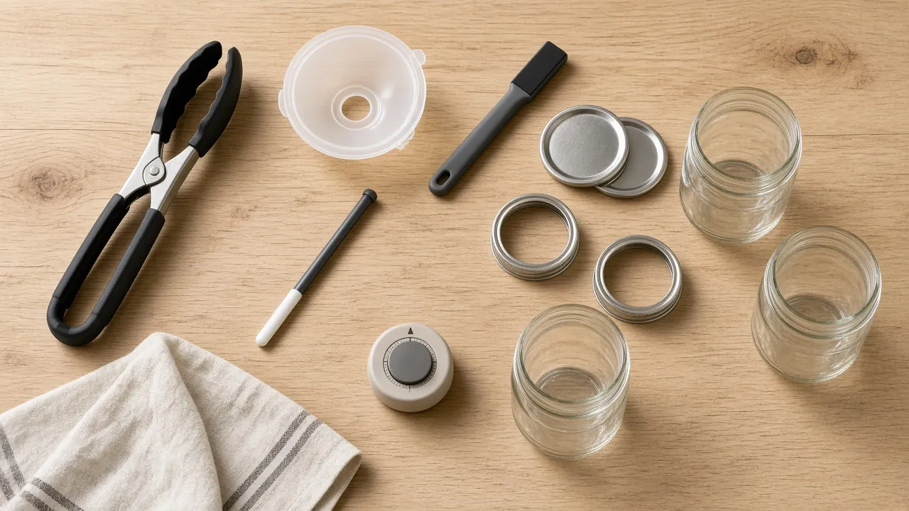 Canning tools laid out on a wooden table: jar lifter, funnel, bubble remover, lid wand, lids, bands and empty jars