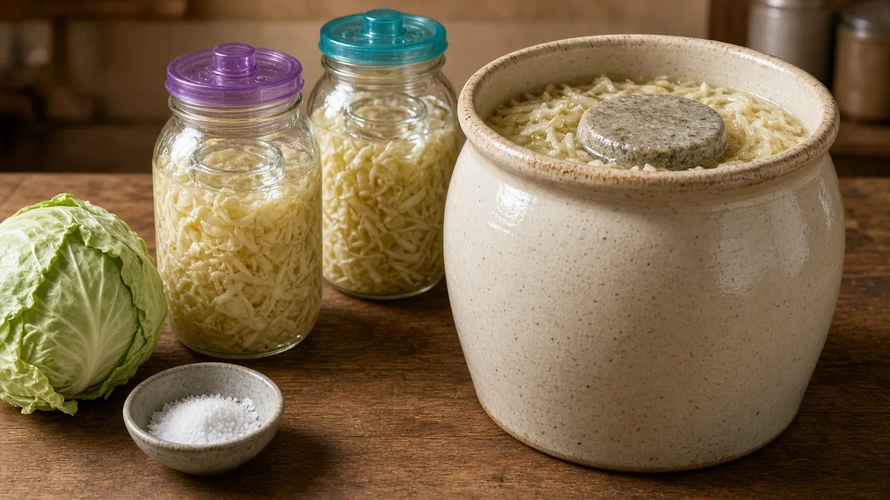 Shredded cabbage fermenting in two mason jars with silicone airlock lids next to a stoneware crock with a stone weight, a cabbage and a bowl of salt
