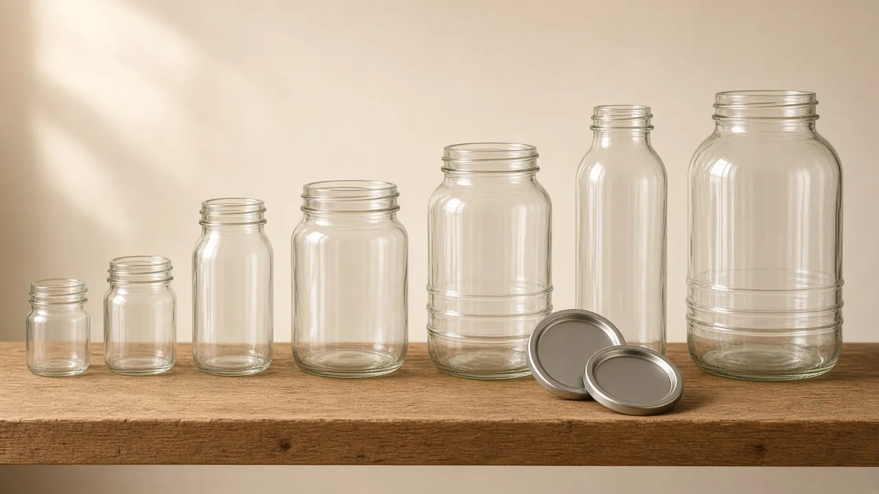 A row of empty glass canning jars in sizes from a small jelly jar up to a half-gallon on a wooden shelf, with two flat lids
