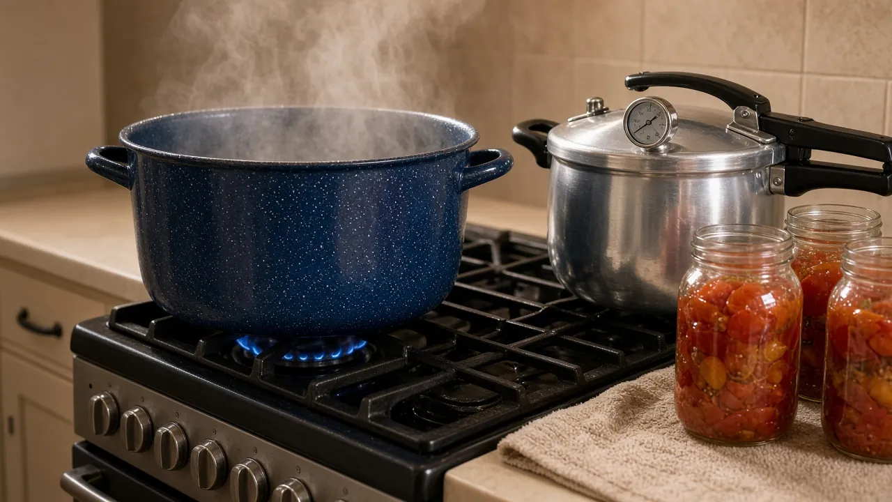 A blue enamel water-bath canner steaming on a gas stove beside an aluminum dial-gauge pressure canner and jars of tomatoes